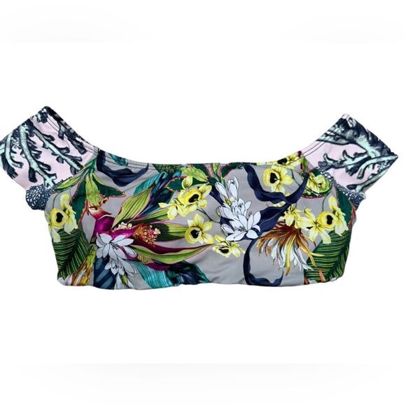 Maaji Swimwear Pink & Grey Tropical Print Reversible Off Shoulder Bikini Top - Picture 1 of 6